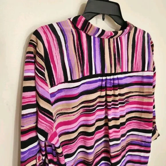 DANA BUCHMAN Top Roll Tab Sleeve Striped Size XL Hide Buttons - Picture 7 of 12